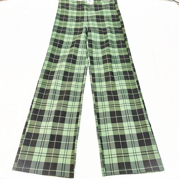 Princess Polly Plaid Patterned V-Cut Waist Green Checkered Flare Pant Size 12 - Picture 2 of 8